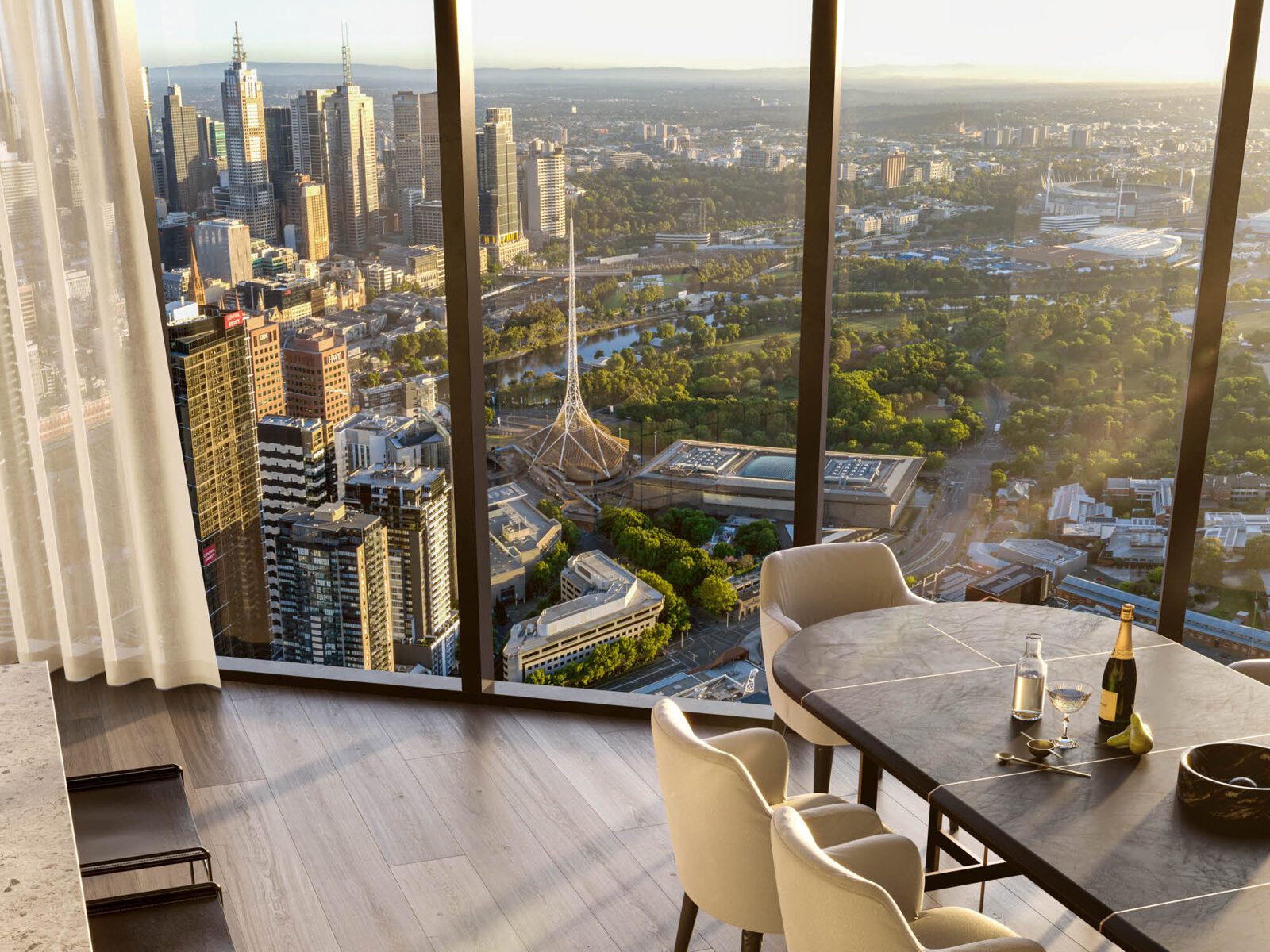 Dining setting in a Melbourne CBD apartment overlooking the city