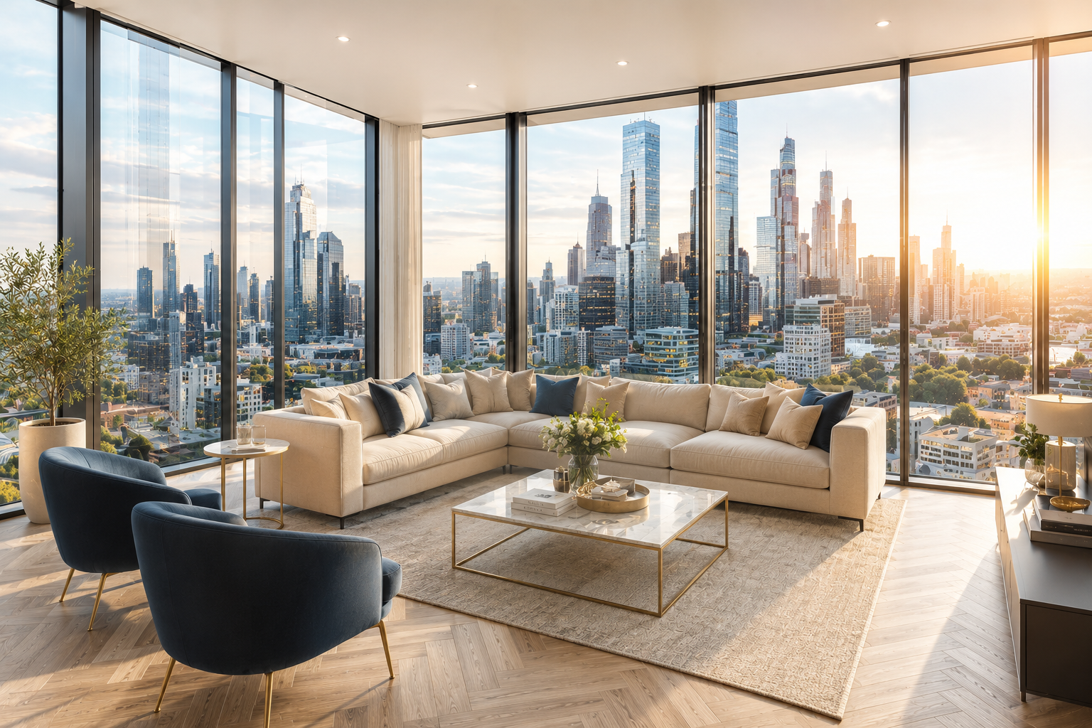 Luxury Melbourne CBD apartment living room with skyline view